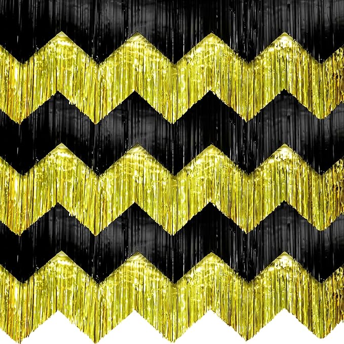 KatchOn, Black and Gold Fringe Backdrop Curtain - XtraLarge 6.6x1.7 Feet, Pack of 6 | Graduation Backdrop for Graduation Decorations 2025 | Fringe Curtain for Birthday Decorations | Prom Decorations