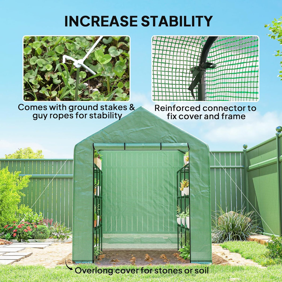Outsunny 8' x 6' x 7' Walk-in Greenhouse, PE Cover, 4-Tier Shelves, Steel Frame Hot House, Roll-Up Zipper Door for Flowers, Vegetables, Saplings, Tropical Plants, Green