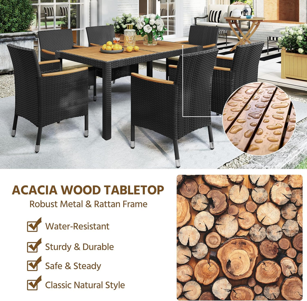 Yaheetech 7 Piece Patio Furniture Set, Outdoor Dining Acacia Wood Table Top Rattan Conversation Set with Soft Cushions, 6 Chairs & 1 Table for Backyard, Deck, Garden & Yard, Black/Beige
