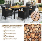 Yaheetech 7 Piece Patio Furniture Set, Outdoor Dining Acacia Wood Table Top Rattan Conversation Set with Soft Cushions, 6 Chairs & 1 Table for Backyard, Deck, Garden & Yard, Black/Beige