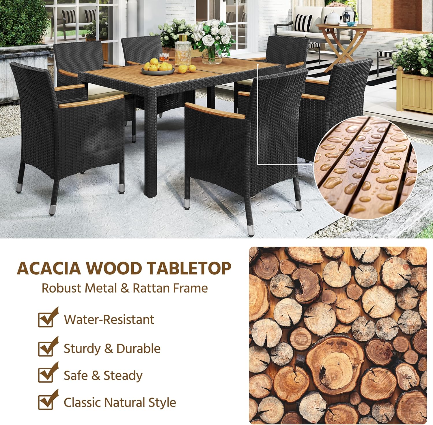 Yaheetech 7 Piece Patio Furniture Set, Outdoor Dining Acacia Wood Table Top Rattan Conversation Set with Soft Cushions, 6 Chairs & 1 Table for Backyard, Deck, Garden & Yard, Black/Beige