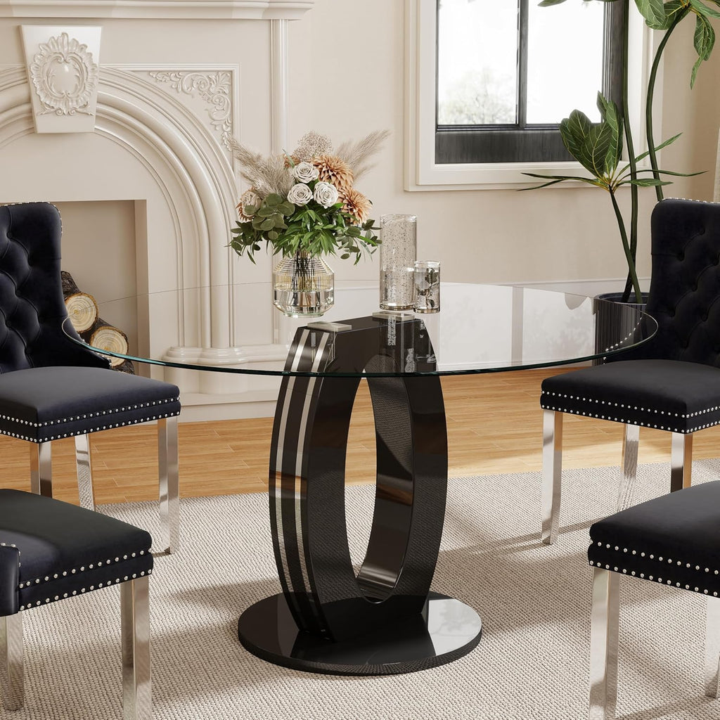 RGZ 47'' Modern Luxury Clear Glass Round Dining Table for 4-6, Glass Circle Top Kitchen Table with Elegant Silver Decorative Strips & Black Base, Circular Apartment Dinner Table for Home, Living Room