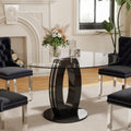 RGZ 47'' Modern Luxury Clear Glass Round Dining Table for 4-6, Glass Circle Top Kitchen Table with Elegant Silver Decorative Strips & Black Base, Circular Apartment Dinner Table for Home, Living Room