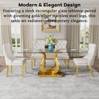 69" Glass Dining Table for 4-6, Luxury Rectangular Kitchen Table with Tempered Glass and Gold Petal-Shaped Base for Dining Room, Living Room