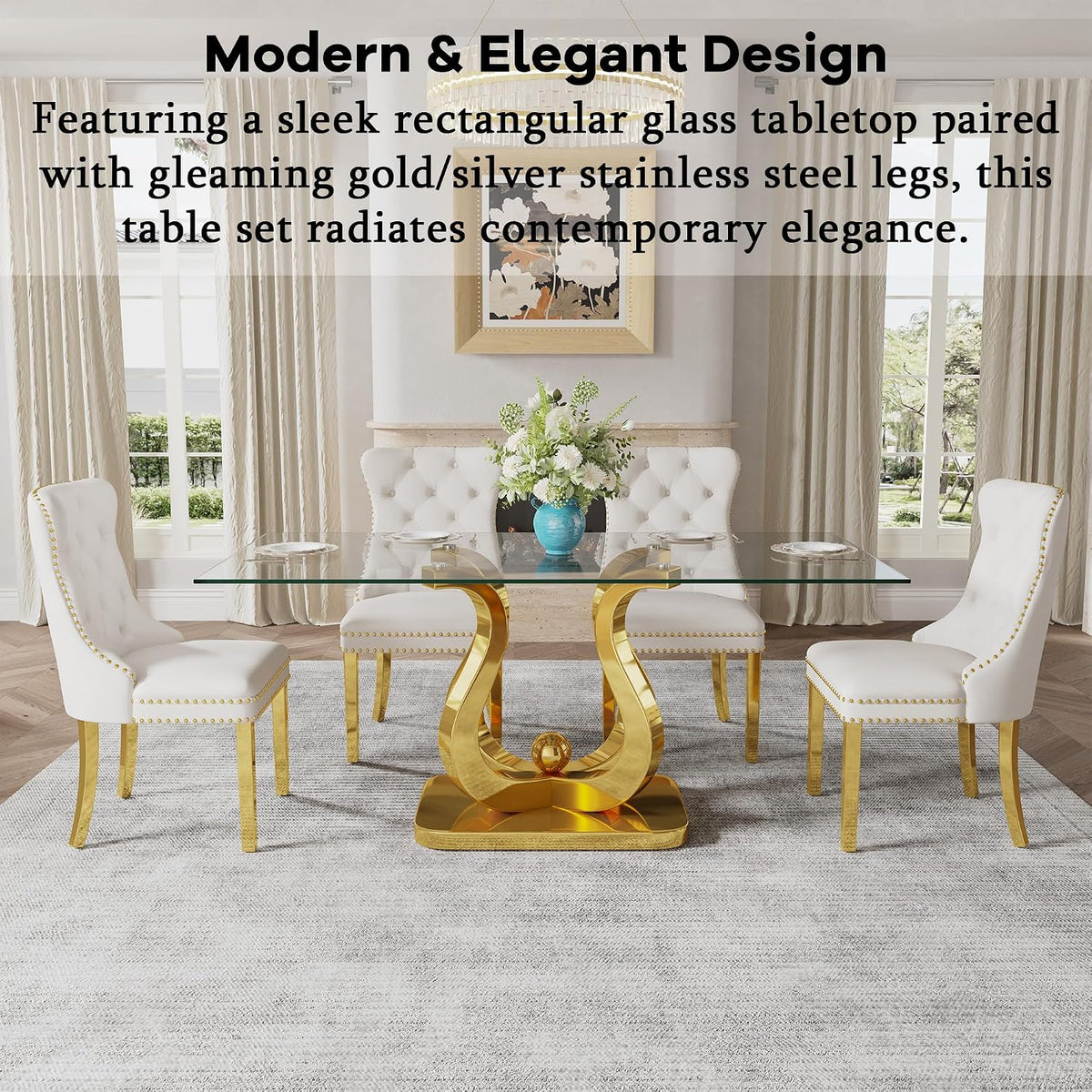 69" Glass Dining Table for 4-6, Luxury Rectangular Kitchen Table with Tempered Glass and Gold Petal-Shaped Base for Dining Room, Living Room