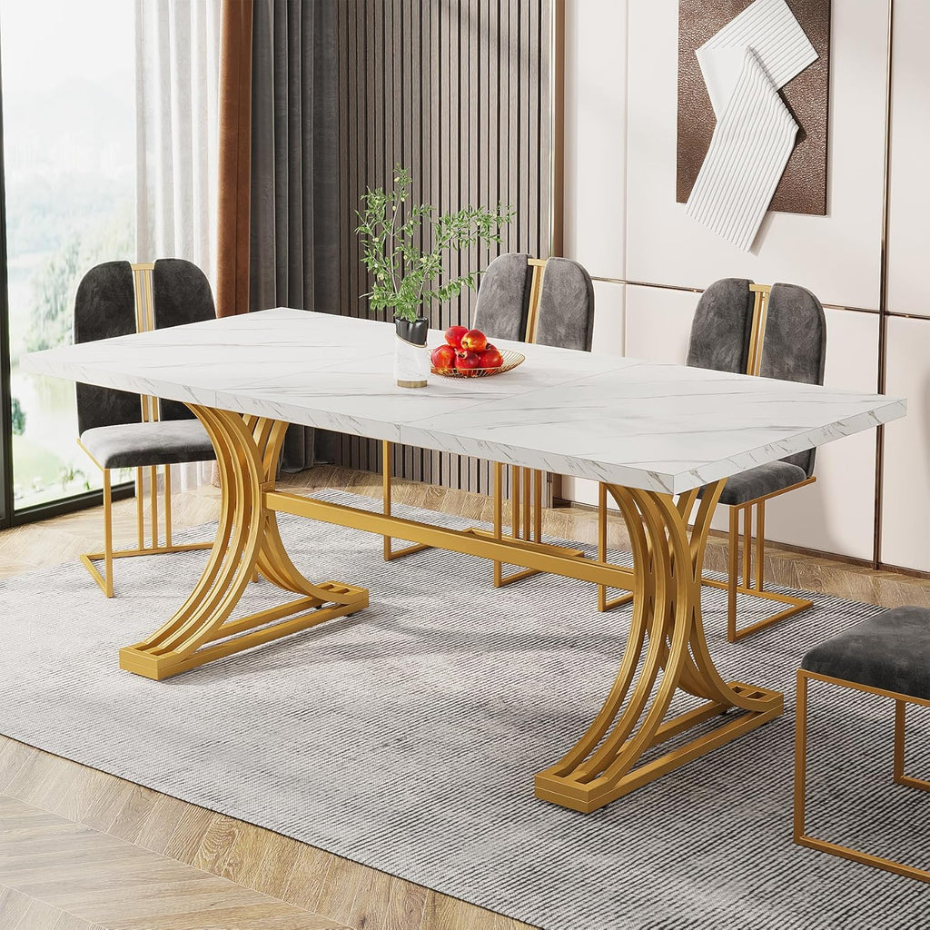 Tribesigns 63-Inch Rectangular Dining Table for 4 to 6, Modern Kitchen Tables with Stylish Metal Trestle Legs, Large Dinner Tables for Dining Room, Only Table (White+Gold)