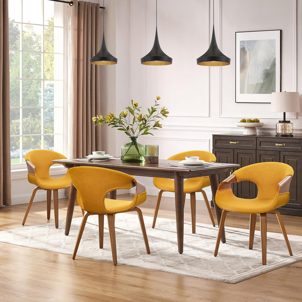 Art Leon Mid Century Modern Dining Chairs - Set of 2 Kitchen Dining Room Chairs, Fabric Accent Chairs with Wood Legs, Walnut Bentwood, Yellow