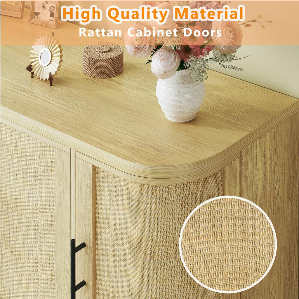 HUAHUU Sideboard Buffet Cabinet with Storage, 47.2" Rattan Sideboard Cabinet with Adjustable Shelf, Metal Legs, Modern Buffet Sideboard for Kitchen, Living Room, Entryway, Natural Oak