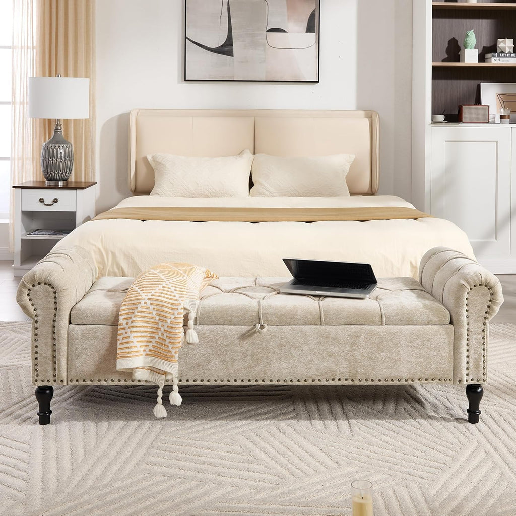 Storage Bed Bench for Bedroom, Chenille 67" End of Bed King Size Benches with Armrest, Tufted Button Upholstered Ottoman Bench for Living Room, Entryway, Khaki
