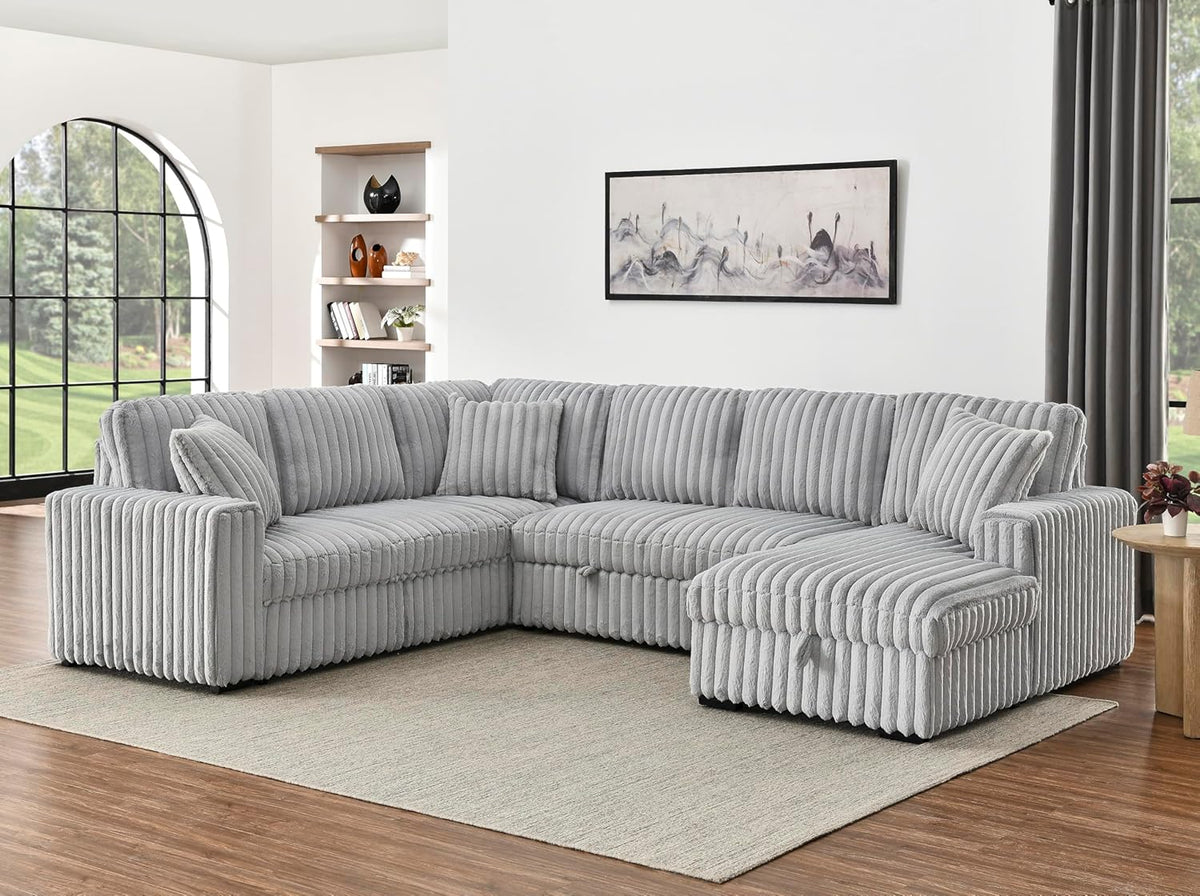 122" Oversized Sectional Sleeper Sofa with PullOut Bed - Gifts for Men Women,U Shape Sectional Couch with Storage Chaise Lounge for Apartment,6 Seat Corduroy Sofa with USB Port-Gray