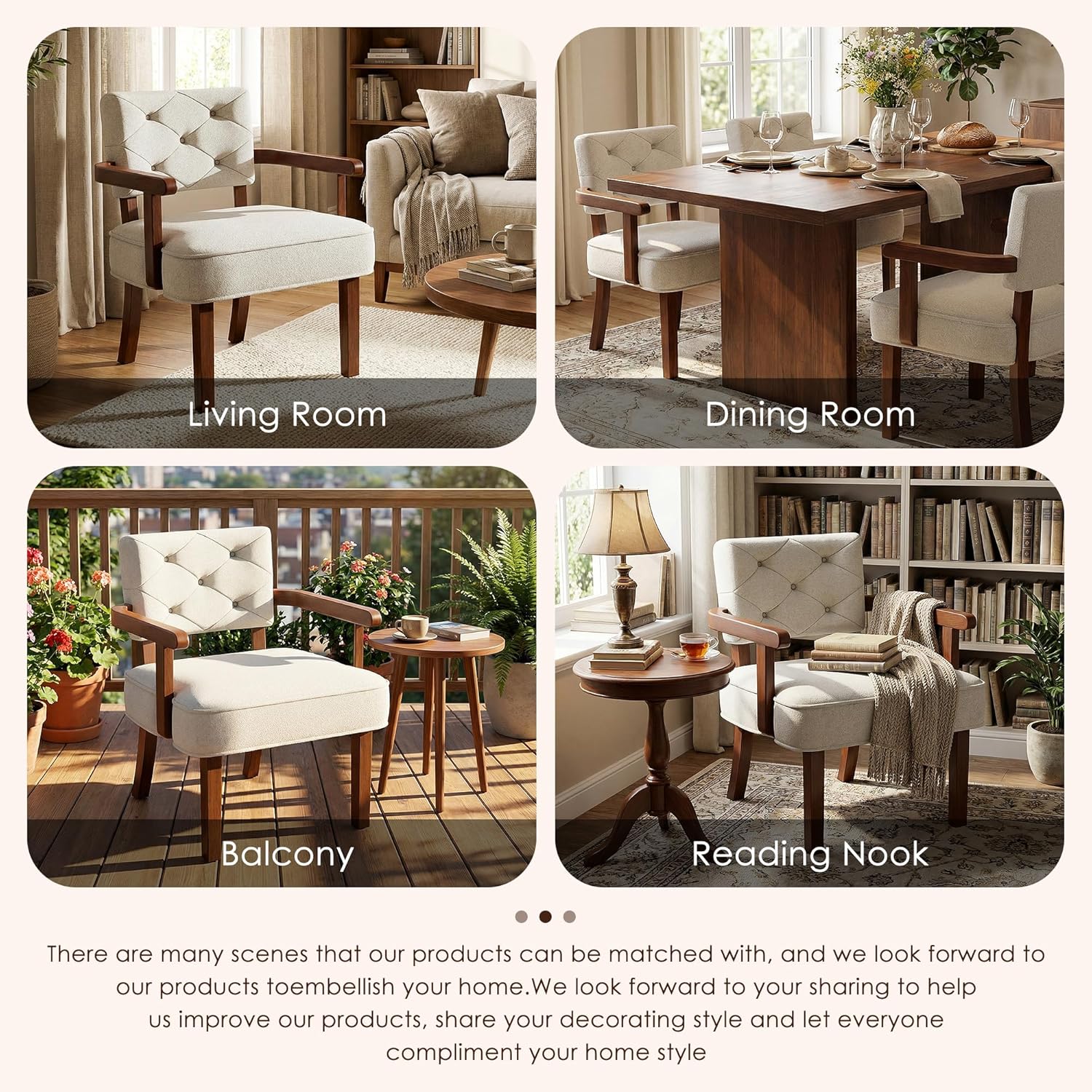 Versatile Accent Chair for Bedroom, Mid Century Modern Arm Chair, Butacas para Sala, Upholstered Wooden Chairs with Arm Rest, Tufted Backrest,Cushion, for Office, Living Room, Reading, Beige