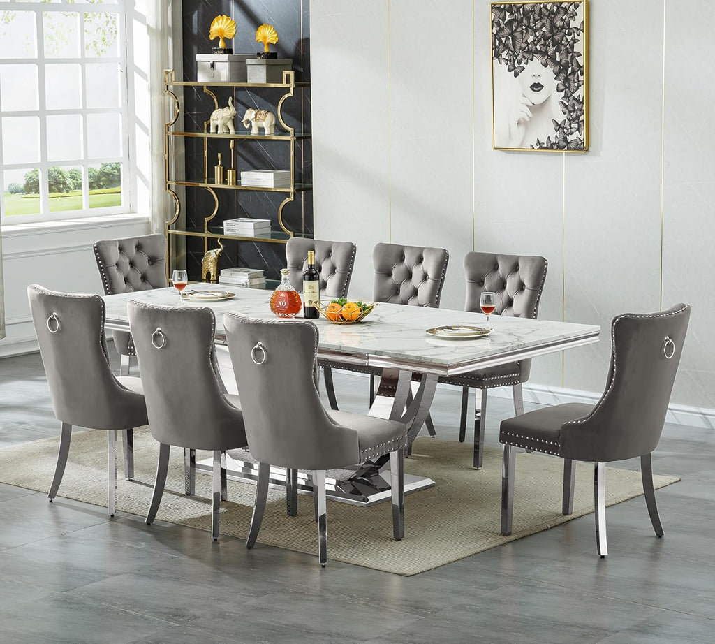 9-Piece Modern Dining Table Set with 8 Chairs, 94.5" Large Marble Kitchen Table & Grey Upholstered Chairs Set for 8, White Dining Room Table Set with Silver Stainless Steel Frame & Faux Mable Top