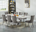 9-Piece Modern Dining Table Set with 8 Chairs, 94.5" Large Marble Kitchen Table & Grey Upholstered Chairs Set for 8, White Dining Room Table Set with Silver Stainless Steel Frame & Faux Mable Top