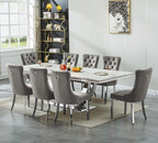 9-Piece Modern Dining Table Set with 8 Chairs, 94.5" Large Marble Kitchen Table & Grey Upholstered Chairs Set for 8, White Dining Room Table Set with Silver Stainless Steel Frame & Faux Mable Top
