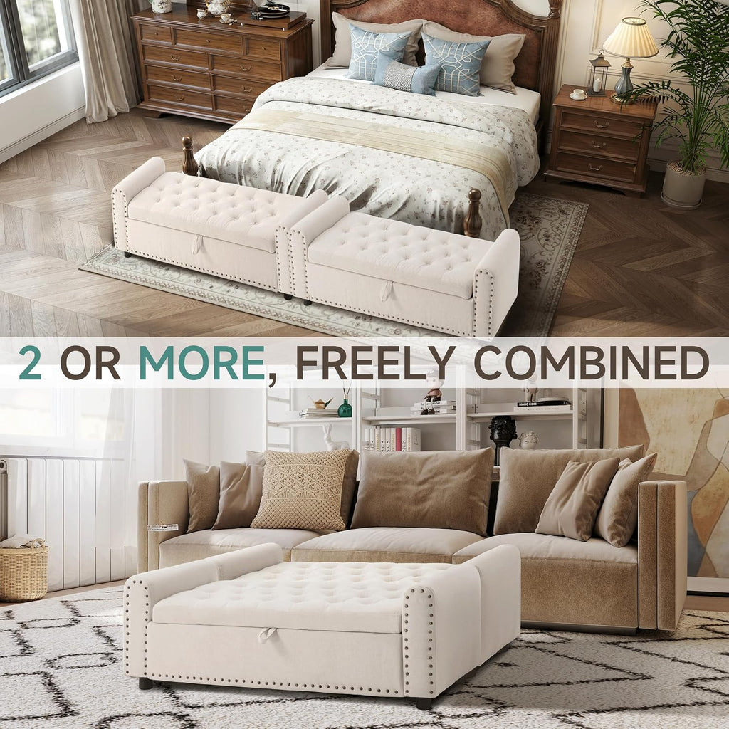 Ottoman with Storage, Tufted Storage Bench for Bedroom, 48" Fabrics End of Bed Bench, Upholstered Entryway Shoe Benches with Rolled Arm & Inner Zipper, Window Ottomans Chest with Rivets, Beige