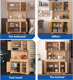 Pantry Storage Cabinet with Charging Station, Kitchen Storage with Adjustable Shelves, Food Pantry Cabinet with Coffee Bar Storage, Modern Kitchen Cupboard for Dining Room, Living Room, Oak