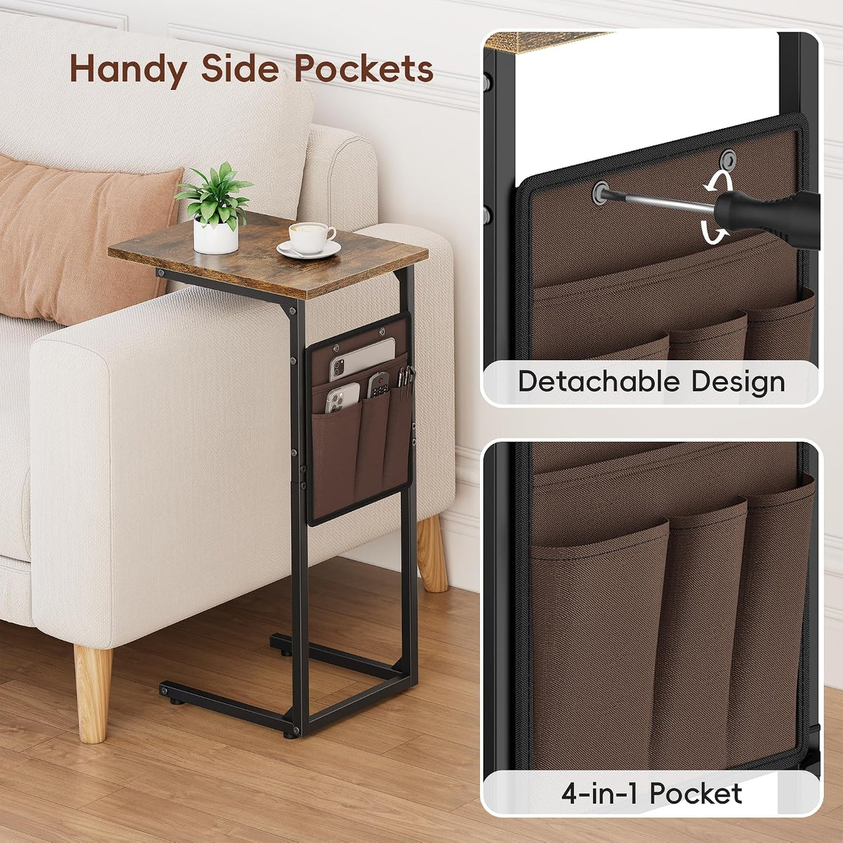 Vagusicc C Shaped End Table, Small Side Table for Couch, Tall Couch Side Table C Table for Small Space, TV Tray Slide Under Sofa Snack Table with Metal Frame for Living Room, Bedroom, Bedside, Brown