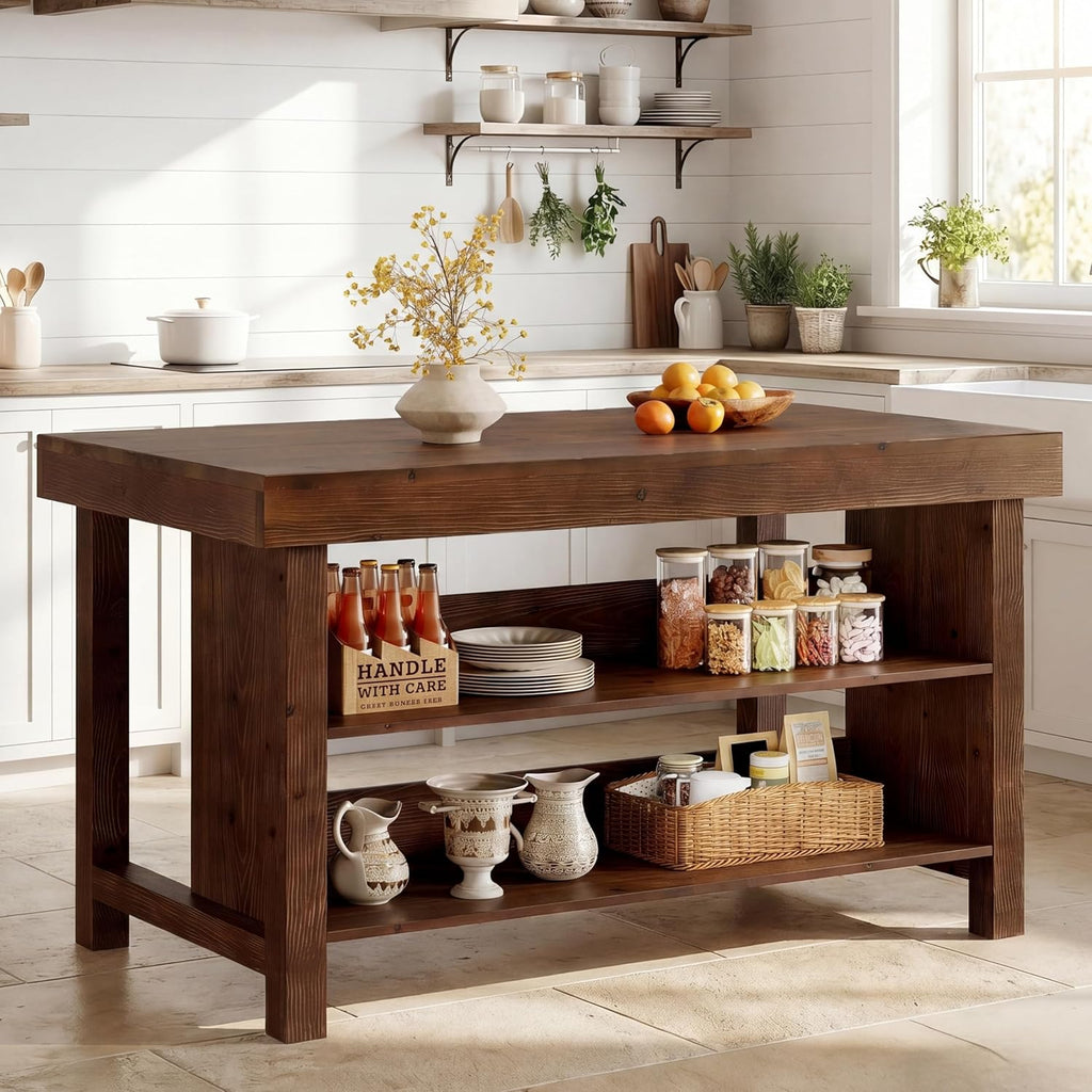 55" Solid Wood Kitchen Island with Storage, Farmhouse Kitchen Island Table with 3-Tier Open Shelves and Large Countertop for Kitchen, Dining & Living Room, Walnut