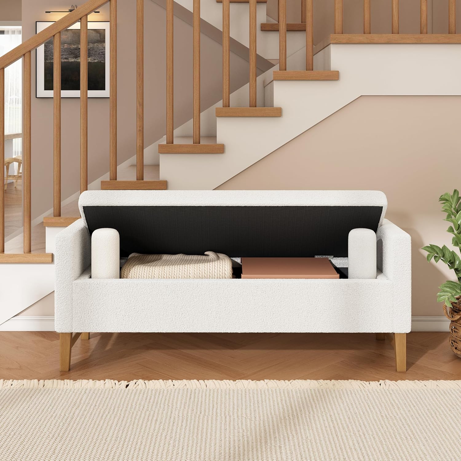 Merax Boucle Upholstered Storage Bench 50.8" End of Bed Bench with 2 Round Pillows & Solid Wood Legs, Ample Hidden Storage Space, Ottoman for Entryway Bedroom, Ivory