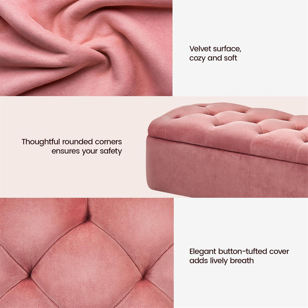 Yaheetech 43in Velvet Storage Ottoman Bench for Bedroom End of Bed, Pink | Button-Tufted Ottoman with 1.9C Storage Space, Tapered Gold Metal Legs, Sized for Entryway Living Room Window Seat