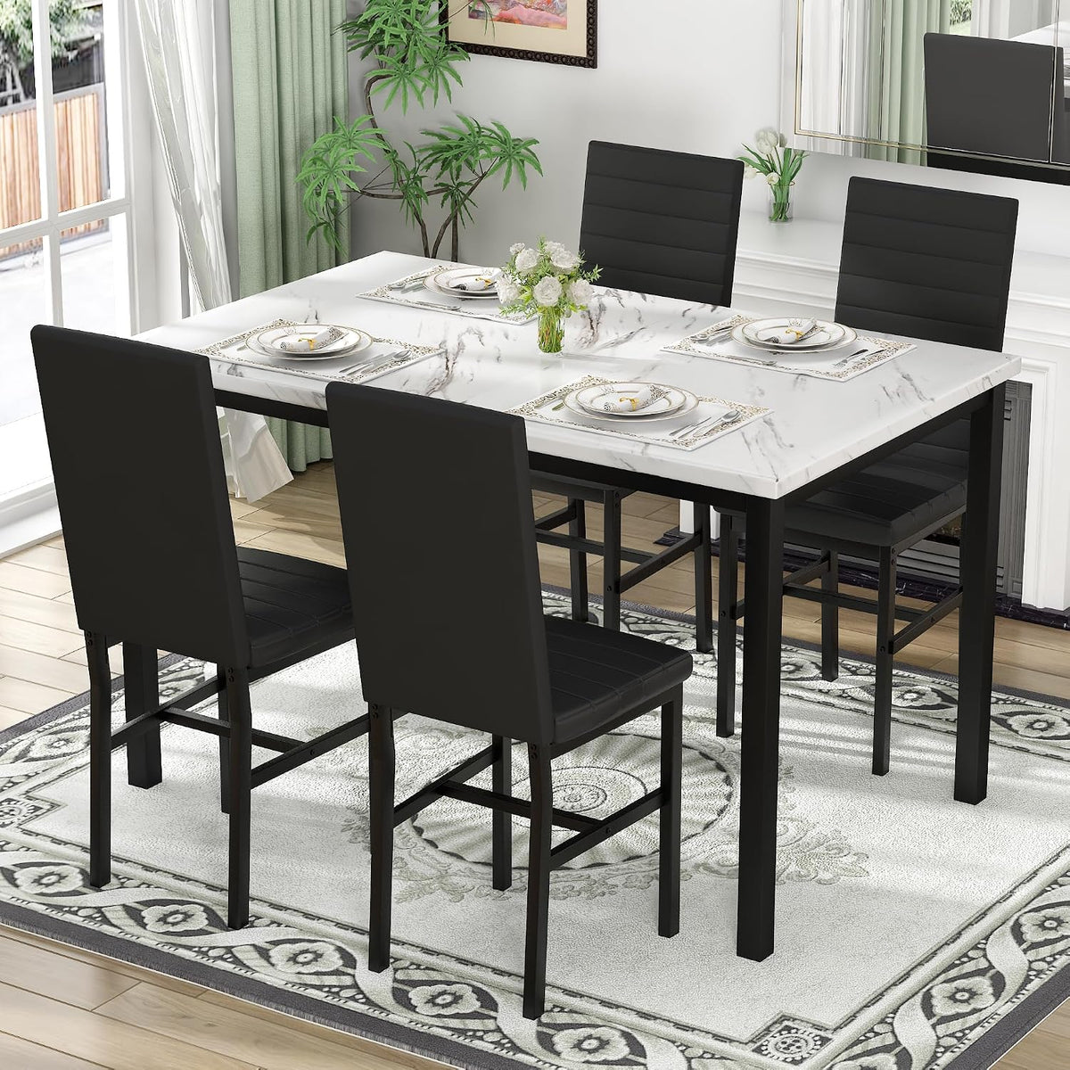 Hooseng 5 Piece Dining Table Set for 4, Faux Marble Kitchen Table with Upholstered Chairs, Modern Dinner Table Set for Dining Room, Small Spaces, White＆Black