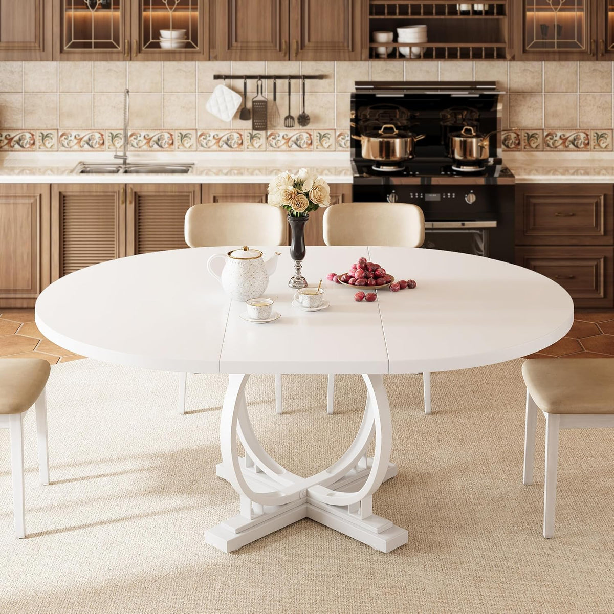 iPormis 59'' Extendable Round Dining Table for 4 to 6, Kitchen Table with Sturdy X-Base Metal Legs, MDF Board with Backboard Clasp, Space Saving, Easy Assembly, Kitchen, Dining Room, White