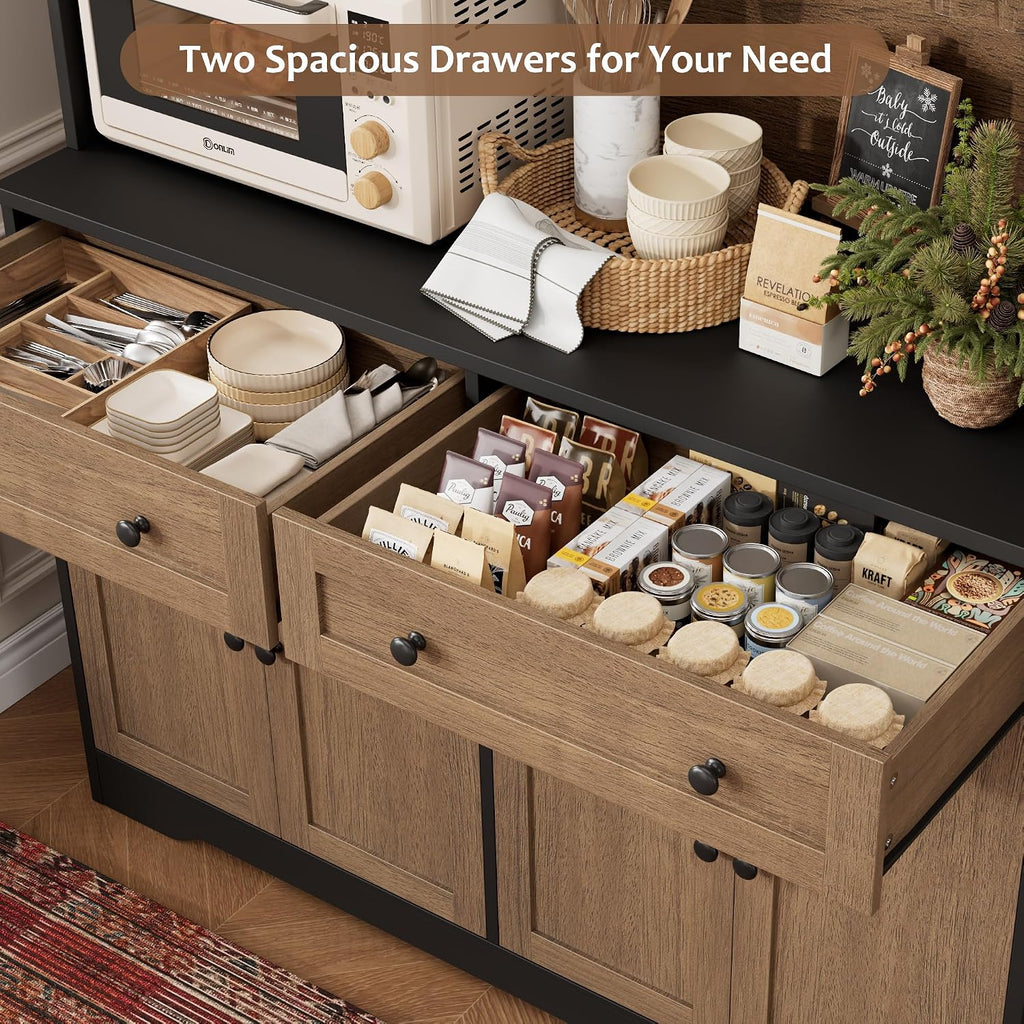 HOSTACK 75" Kitchen Pantry Storage Cabinet, Coffee Bar Hutch Cabinet, Brown | Tall Pantry Cabinet with Charging Station / Wide Countertop / Glass Doors / Wine Rack / Cup Holder / Drawers, Dining Room