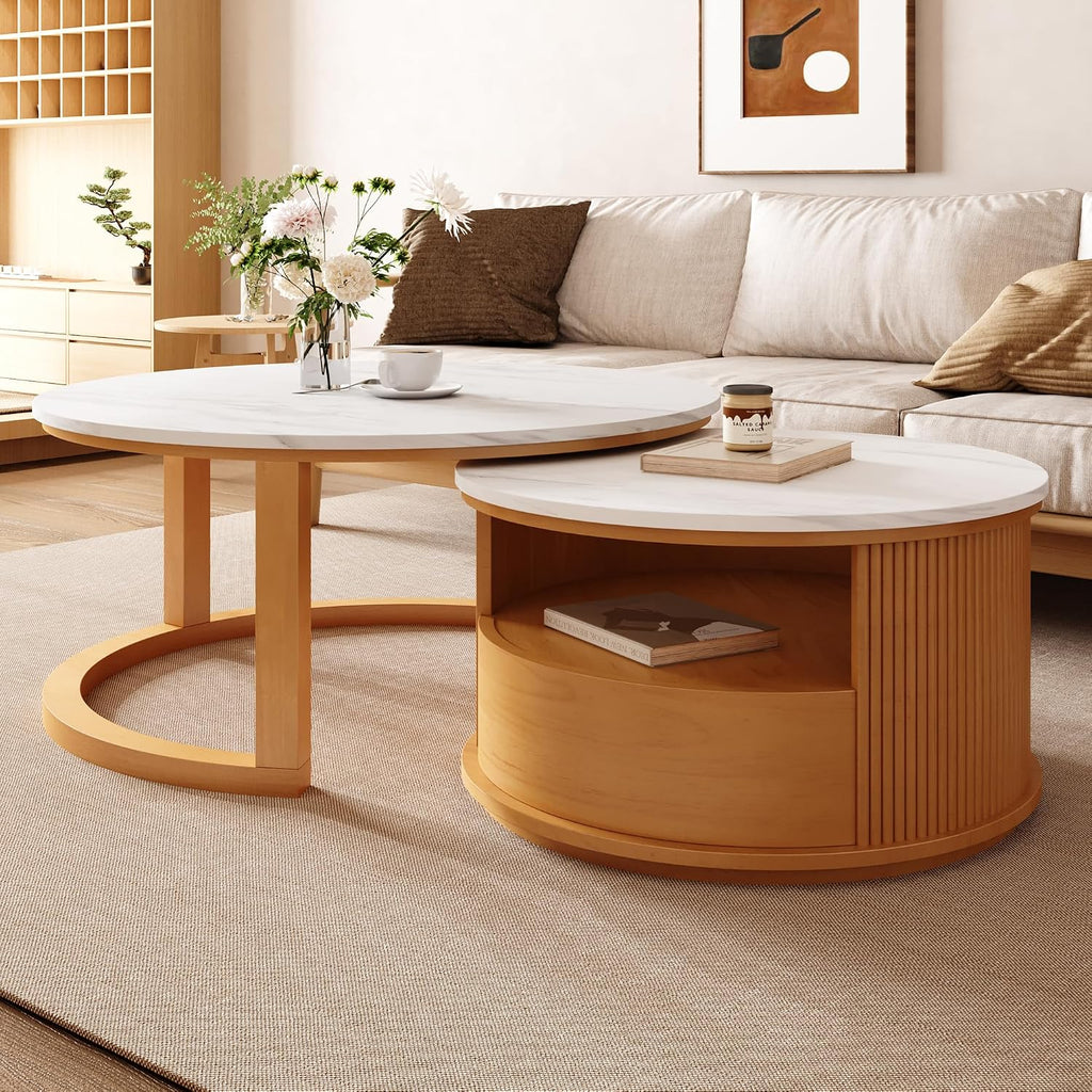 28" Marble Veneer MDF Nesting End Table, Nesting End Tables with Tiered Storage, Coffee Table Set with Hidden Drawer for Modern Compact interiors, Natural