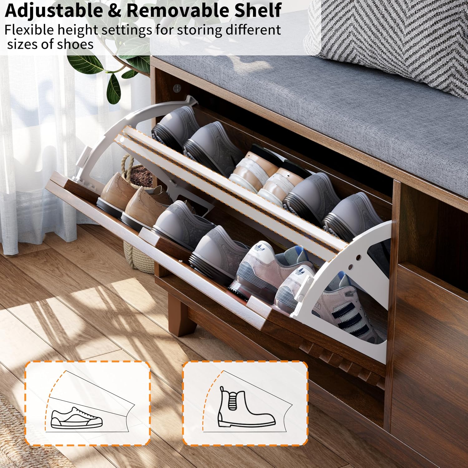 Gyfimoie 2-Tier Shoe Storage Bench,47" Entryway Bench with 2 Flip Drawers & Padded Seat Cushion, Walnut Shoe Bench with Adjustable Shelves & Sliding Doors,Storage Bench for Entryway,Hallway,Bedroom