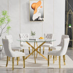 Round Glass Dining Room Table Set for 6, 7-Piece Dining Table Set with 47.2" Circle Gold Glass Dinner Table & 6 Beige Velvet Tufted Chairs, Modern Kitchen Table Set for Apartment Home Office