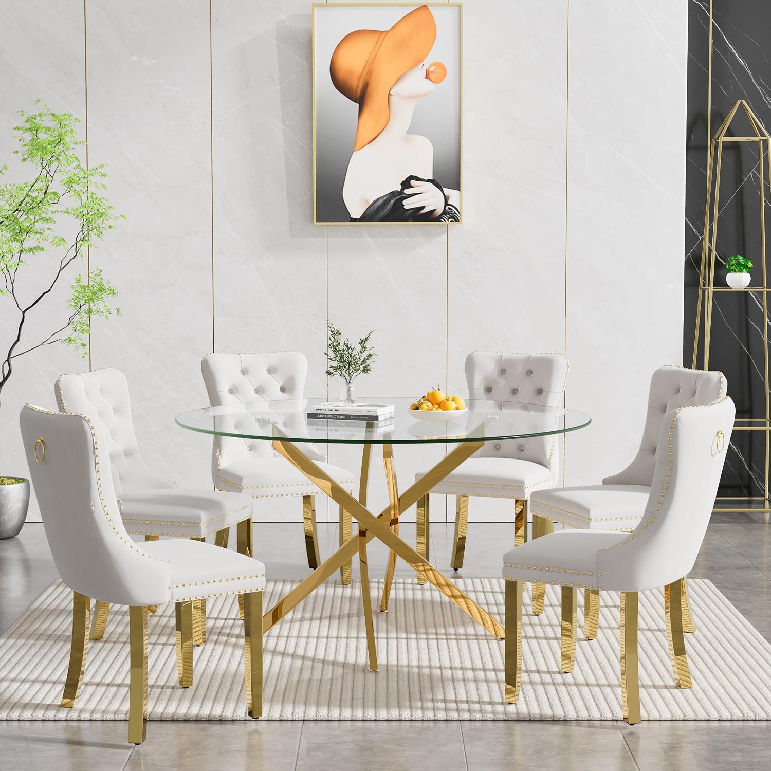 Round Glass Dining Room Table Set for 6, 7-Piece Dining Table Set with 47.2" Circle Gold Glass Dinner Table & 6 Beige Velvet Tufted Chairs, Modern Kitchen Table Set for Apartment Home Office