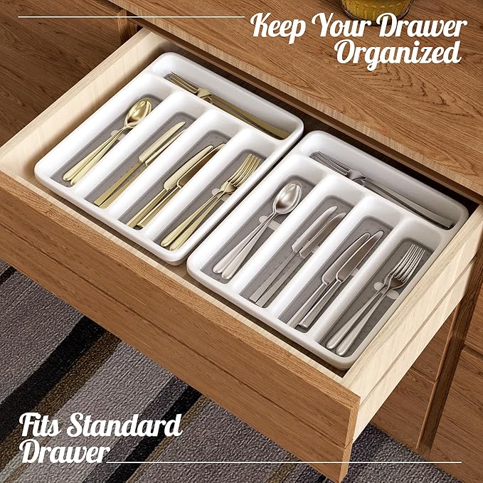 5-Slot Utensil Drawer Organizer for Silverware & Cutlery | Large Plastic Utensil Holder with Non-Slip Design, Silverware Drawer Organizer, BPA-Free (White)