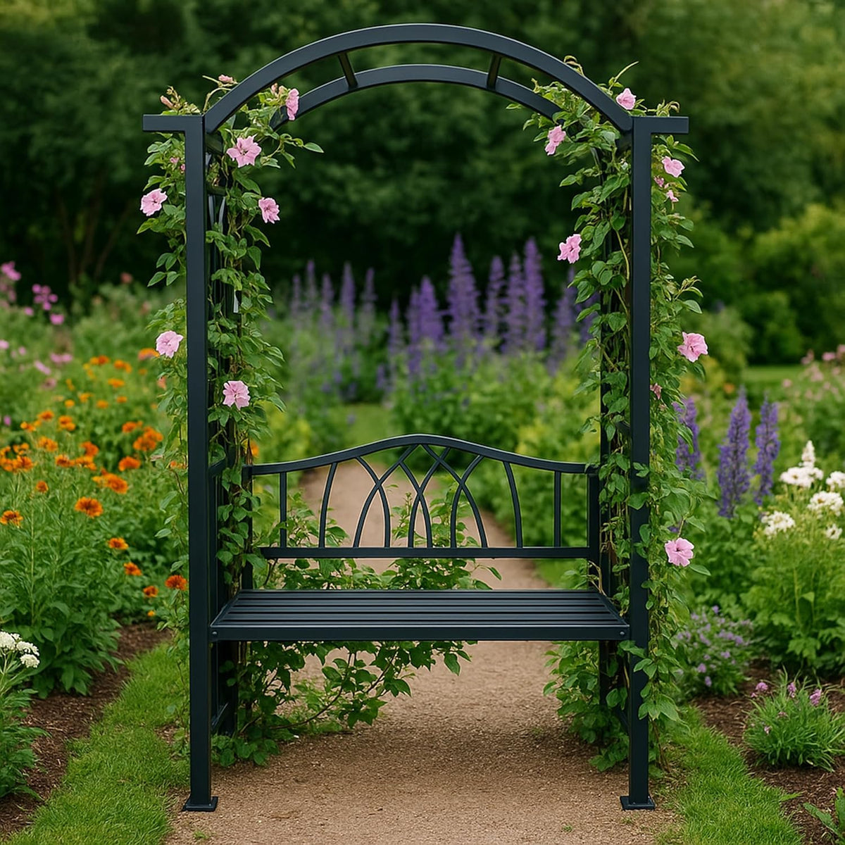 Black Aluminum Garden Arbor Arch with 2-Seater Bench