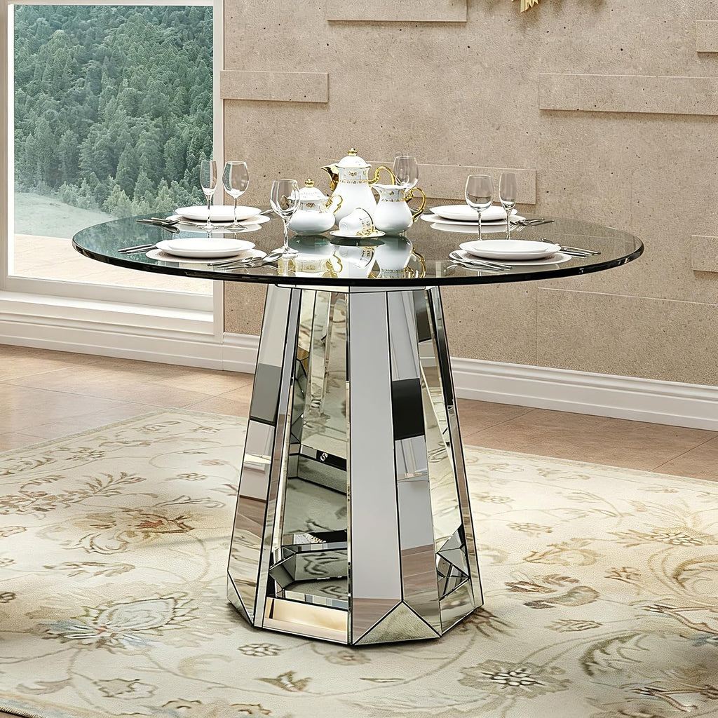Henf Luxury Round Glass Dining Table for 4-6, Silver 47" Glass Kitchen Table with Mirrored Base, Modern Circle Dining Room Table (Table Only)