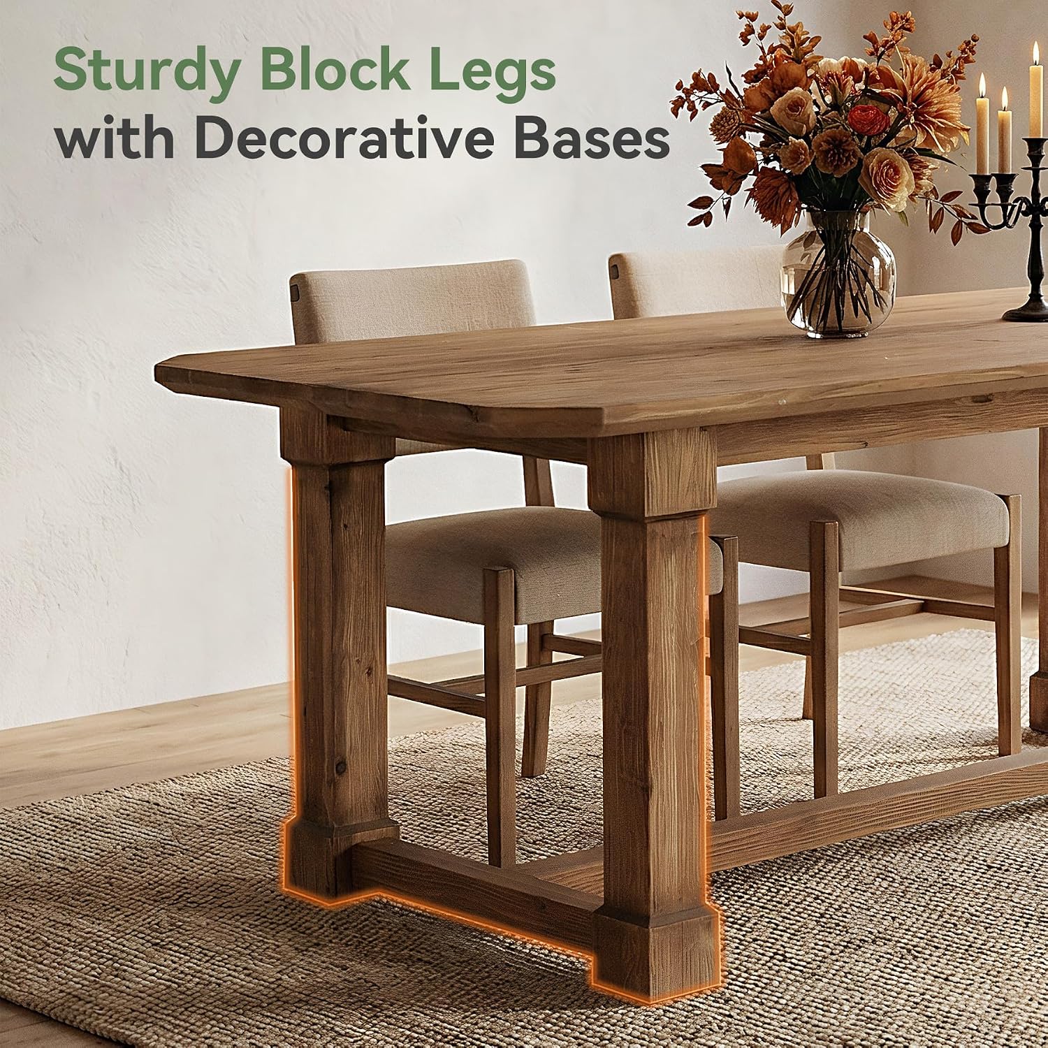 63" Solid Wood Dining Table, Rectangular Kitchen Table with Sturdy Legs, Rustic Wooden Dinner Tables for 4-6, Dining Room, Living Room, Natural Finish
