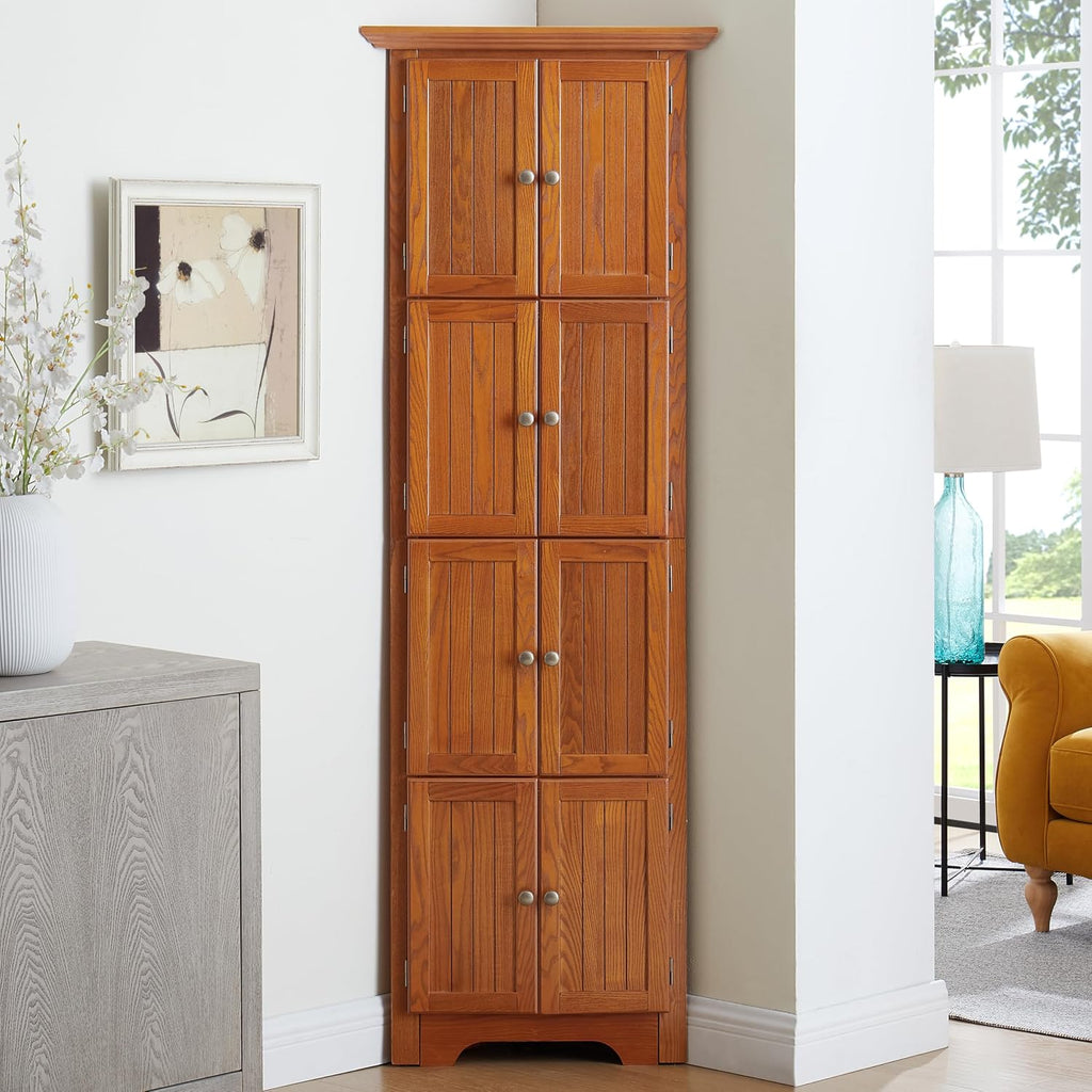 Corner Pantry Cabinet 4-Tier Oak MDF 72H 8 Doors | MDF construction, oak finish, corner pantry cabinet, 8 doors, 4 shelves, 24.4W x 12.2D x 72H