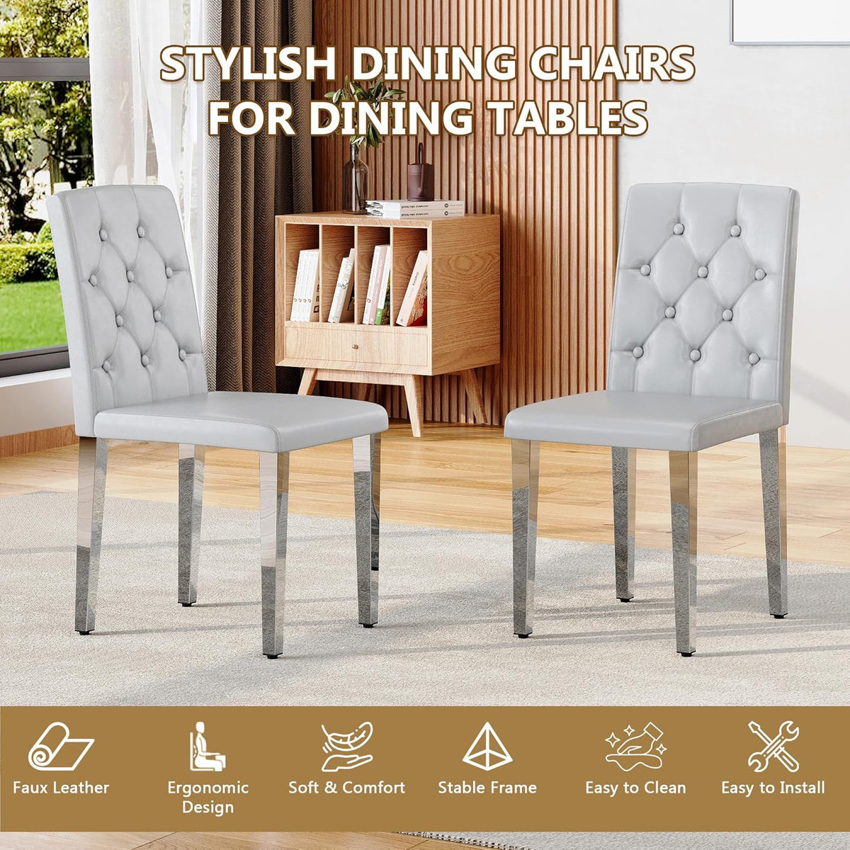 Modern Dining Chairs Set of 6, Button Tufted Upholstered Parsons Chairs with Silver Metal Legs, Grey PU Leather Kitchen Chair for Dining Room, Kitchen, Restaurant