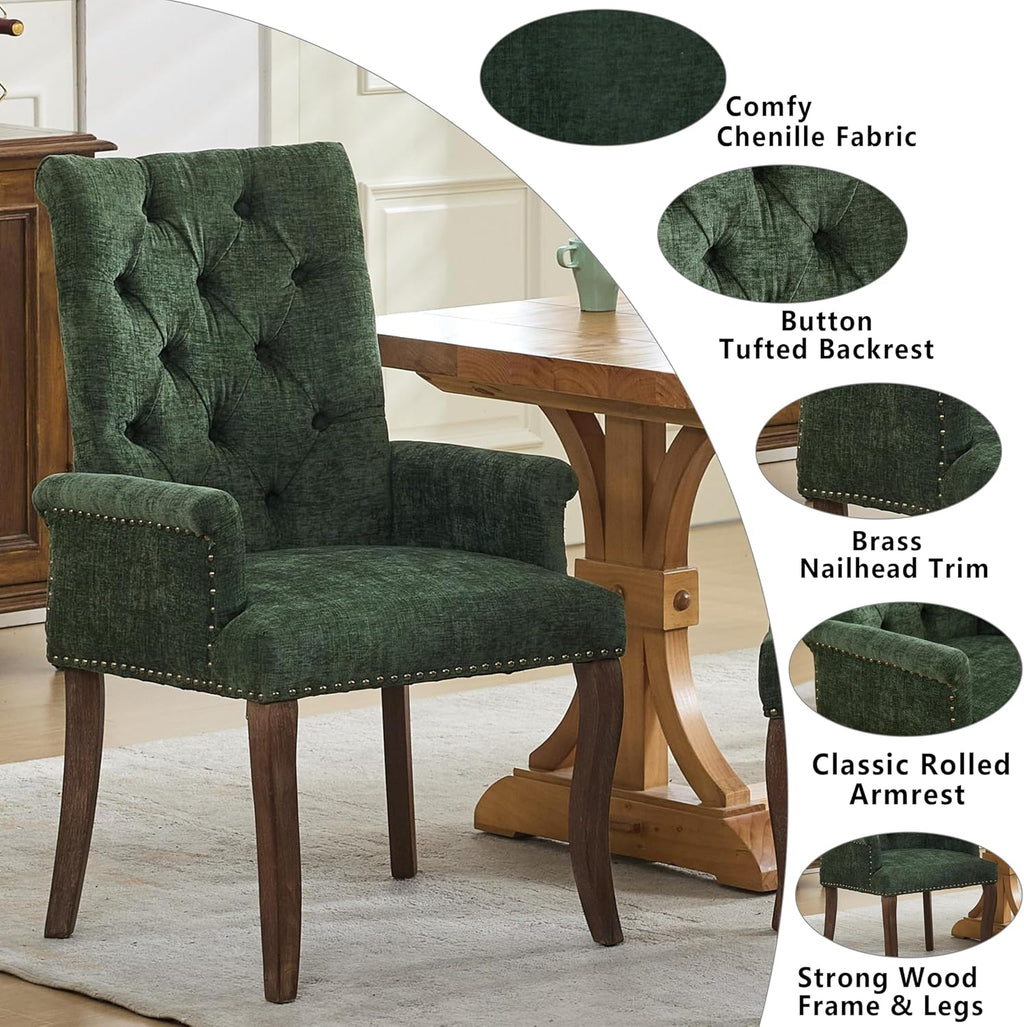 Chenille Tufted Dining Chairs with High Back,Neutral Fabric Upholstered Kitchen Chair with Rustic Solid Wood Legs,Farmhouse Side Chairs with Arms Nailhead Trim for Dining Room (Olive, 2PC)