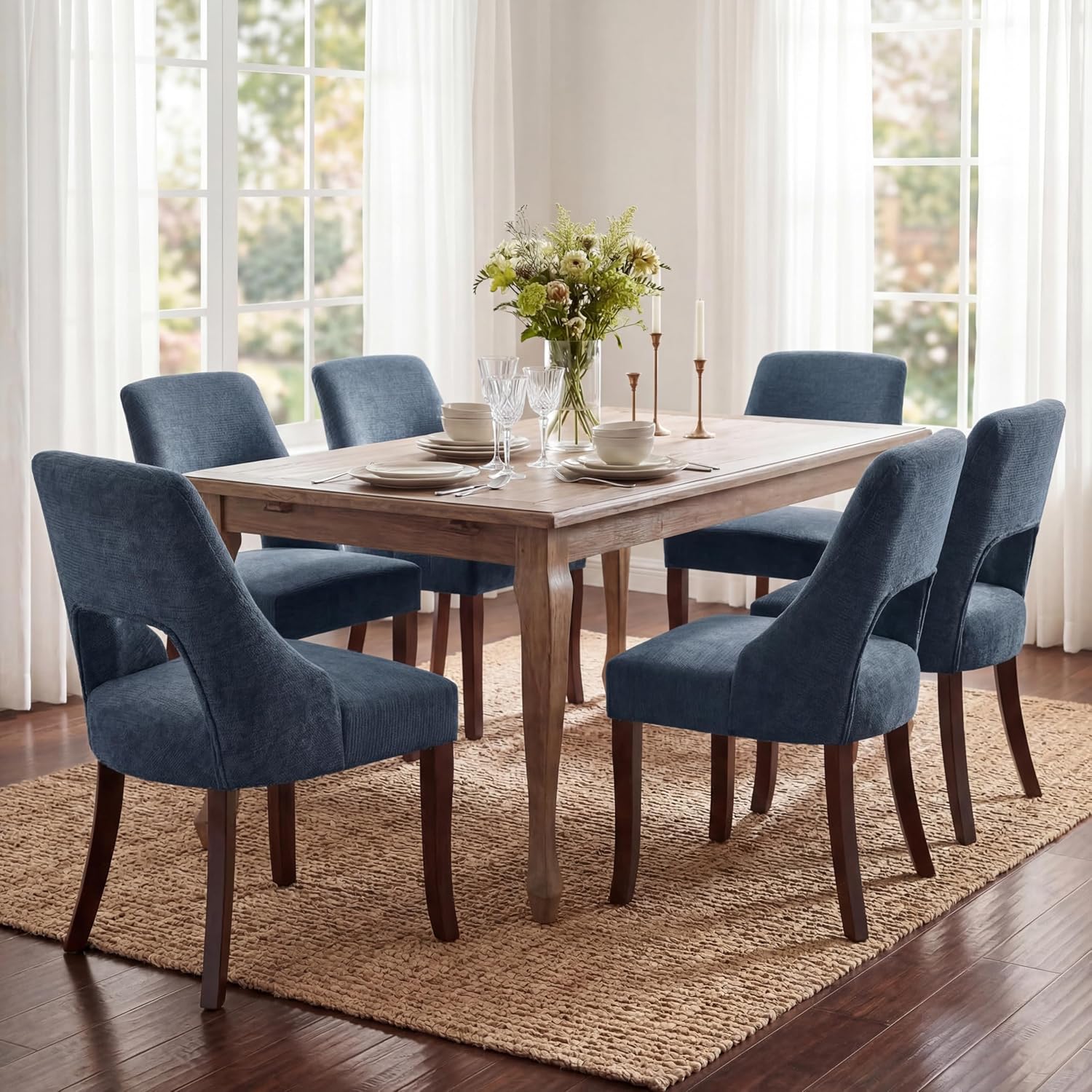 UVV Wooden Dining Chairs Set of 2, Mid Century Upholstered Dining Room Chair Kitchen Chairs, Chenille Dinner Chair with Solid Wood Legs for Kitchen Dining Room, Navy Blue