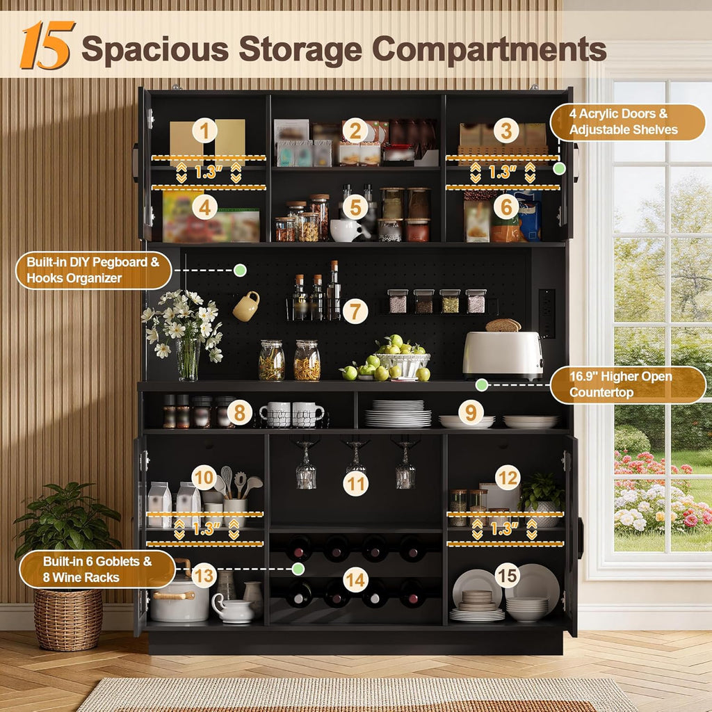 BINGTOO 71" Tall Kitchen Pantry Cabinet with Charging Station, 54" Large Kitchen Hutch with LED Lights & Pegboard, Coffee Bar Cabinet with Wine Rack and Adjustable Shelves (Black, 1 Cabinet)