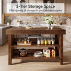 55" Solid Wood Kitchen Island with Storage, Farmhouse Kitchen Island Table with 3-Tier Open Shelves and Large Countertop for Kitchen, Dining & Living Room, Walnut