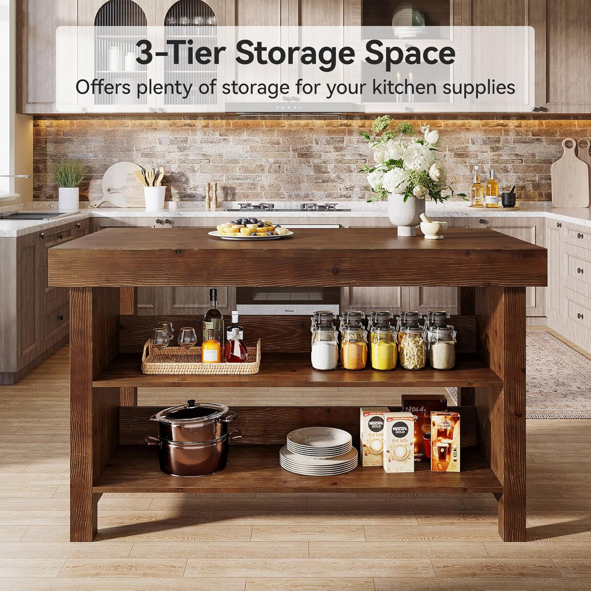 55" Solid Wood Kitchen Island with Storage, Farmhouse Kitchen Island Table with 3-Tier Open Shelves and Large Countertop for Kitchen, Dining & Living Room, Walnut
