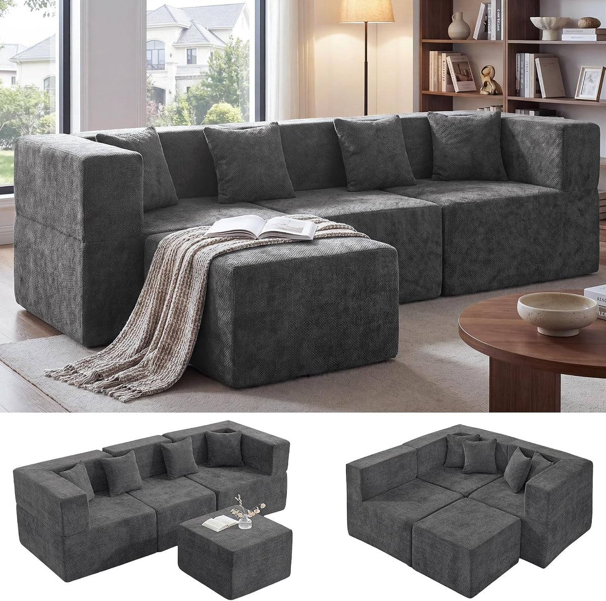 MONVANE L Shaped Sectional Couch Oversized, Chenille, Gray | 4-Seat Sectional Couch for Living Room, Modular Cloud Sofa with Ottoman & 4 Throw Pillows, No Assembly Required