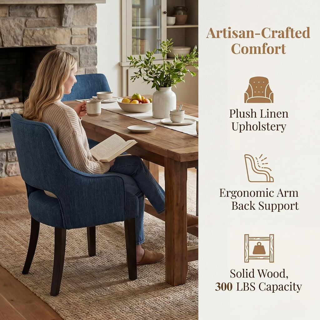 chairus Farmhouse Dining Chairs Set of 2 with Arms, Blue Linen Upholstered Dining Room Chairs, Curved Open Back Kitchen Accent Side Chairs, Blue