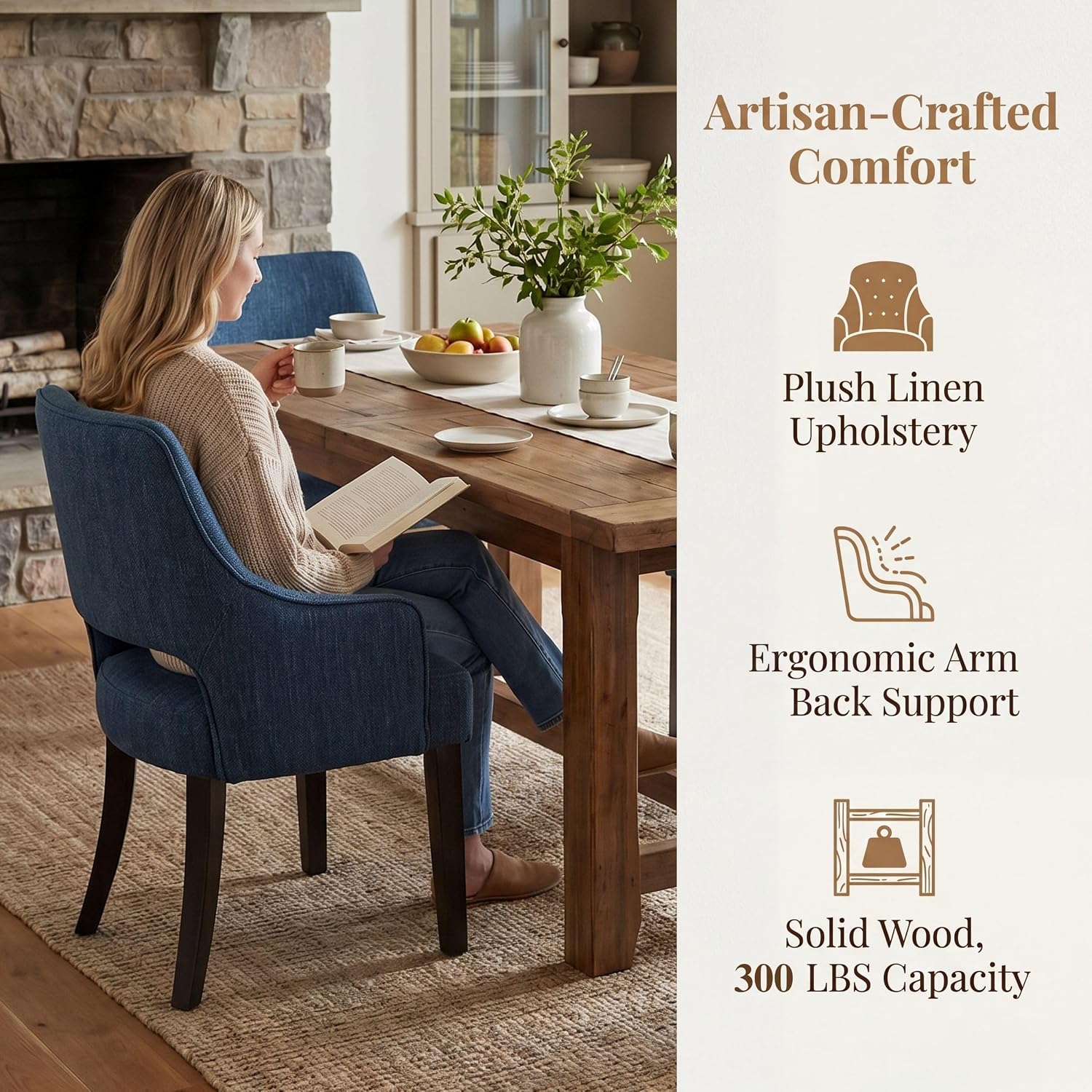 chairus Farmhouse Dining Chairs Set of 2 with Arms, Blue Linen Upholstered Dining Room Chairs, Curved Open Back Kitchen Accent Side Chairs, Blue
