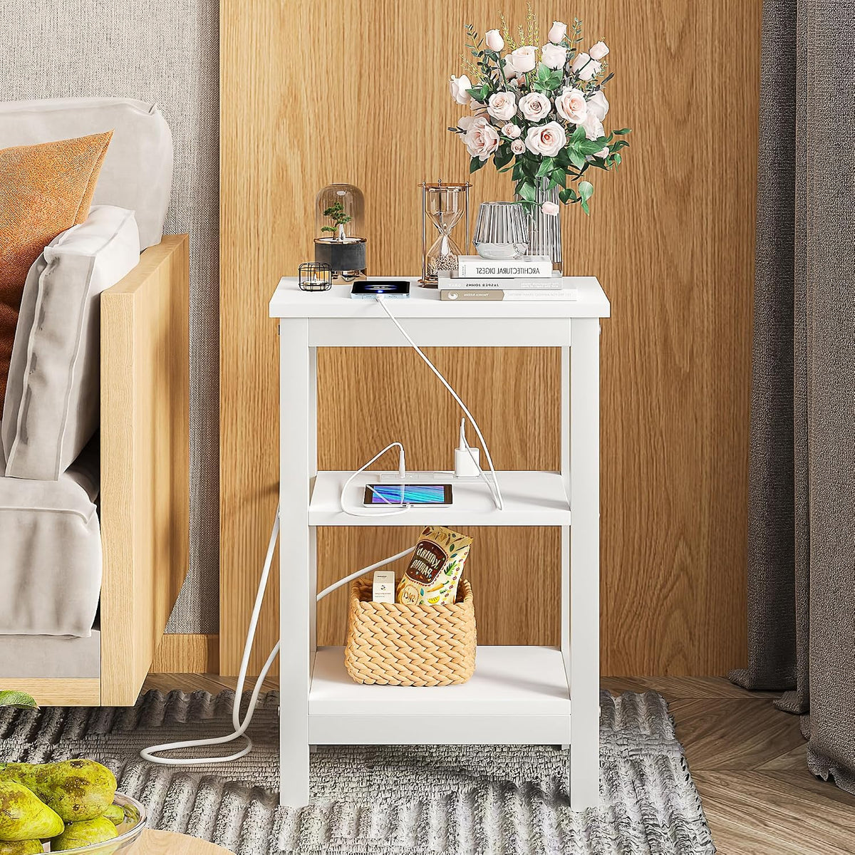 VECELO Modern Nightstands with Charging Station,Side End Table Night Stand with Storage Shelf for Small Spaces, Bedroom,Living Room