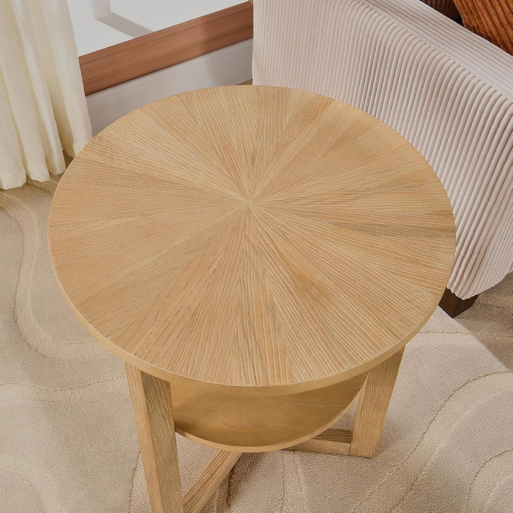 Round End Table, Rustic Side Tables with Storage Shelf, Classic Circular Solid Wood Beside Table-, 2-Tier Telephone Tables-, Nightstand, 24”H x 19.3”D for Living Room Wood Natural BZ3338OA