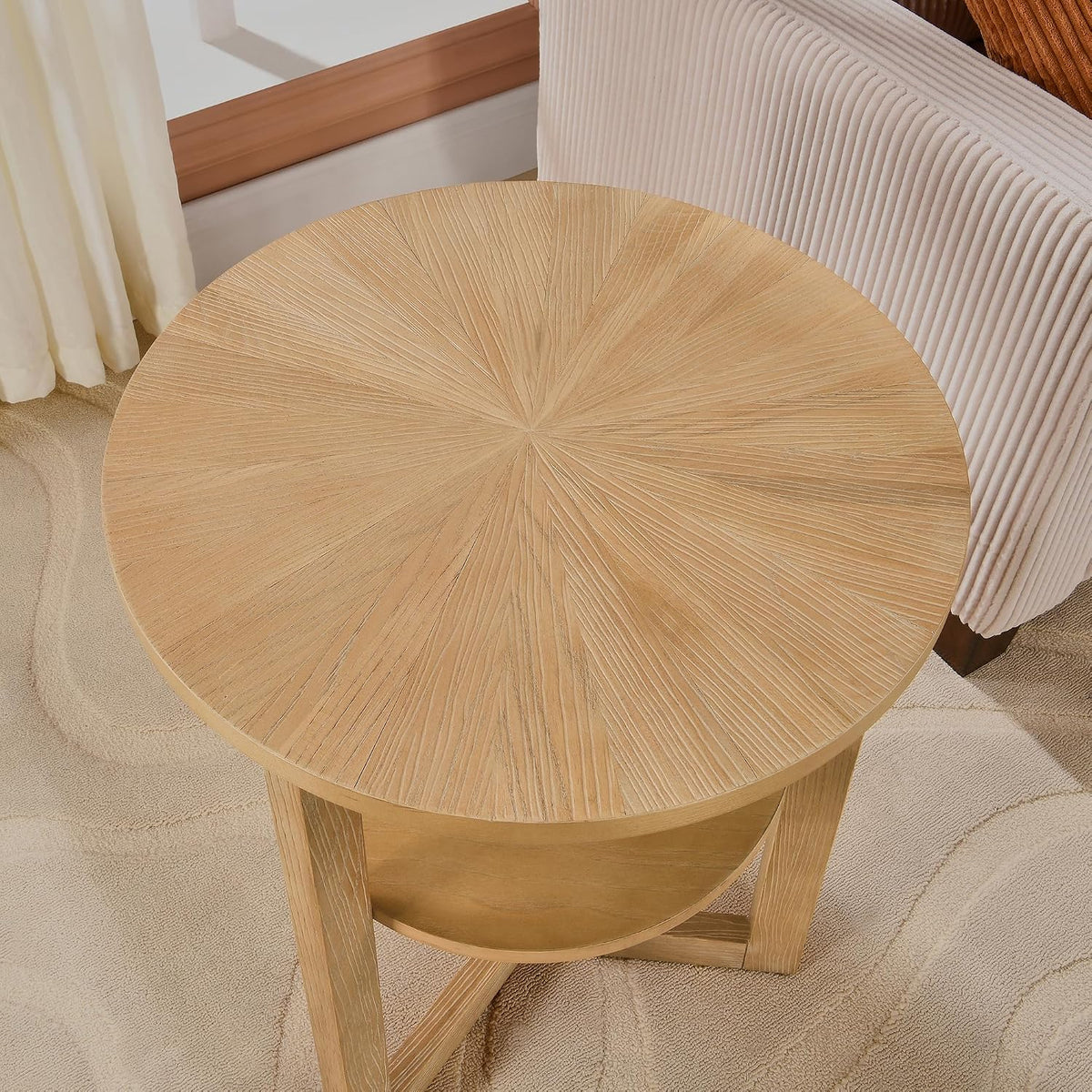 Round End Table, Rustic Side Tables with Storage Shelf, Classic Circular Solid Wood Beside Table-, 2-Tier Telephone Tables-, Nightstand, 24”H x 19.3”D for Living Room Wood Natural BZ3338OA