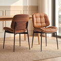 GrandNoor Mid Century Modern Dining Chairs with Walnut Grain Back, Brown Faux Leather Dining Room Chairs Set of 2, Checkered Soft Cushion Kitchen Chairs with Adjustable Foot Pads