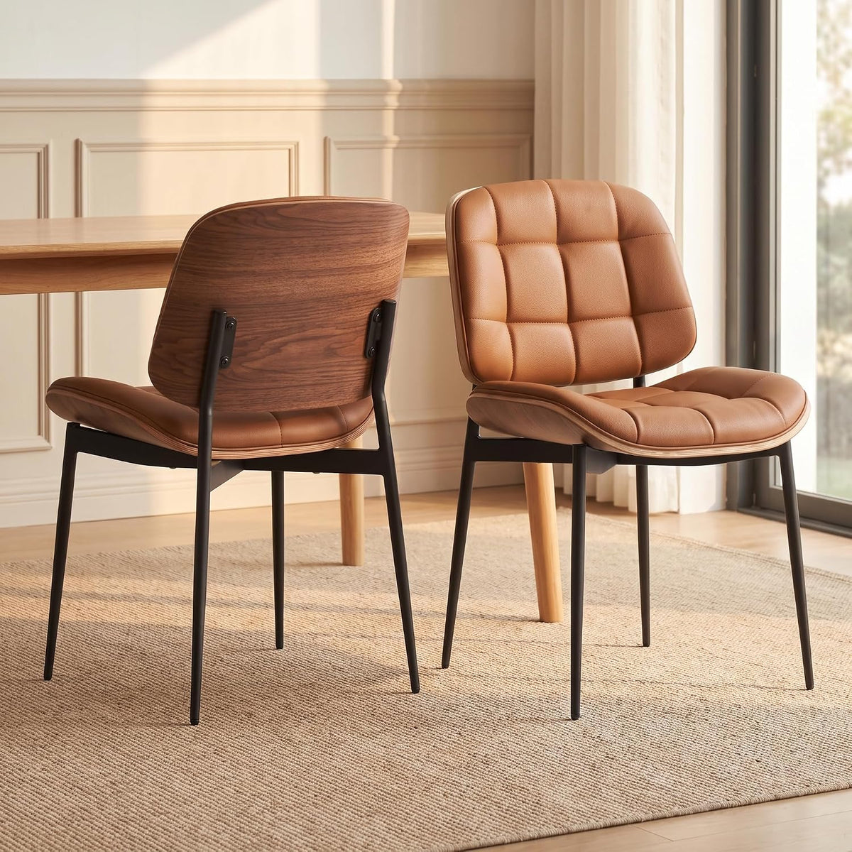 GrandNoor Mid Century Modern Dining Chairs with Walnut Grain Back, Brown Faux Leather Dining Room Chairs Set of 2, Checkered Soft Cushion Kitchen Chairs with Adjustable Foot Pads